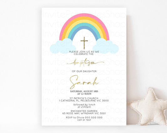 Editable Pastel Baptism Invitation Rainbow Christening Invitation Holy Commu