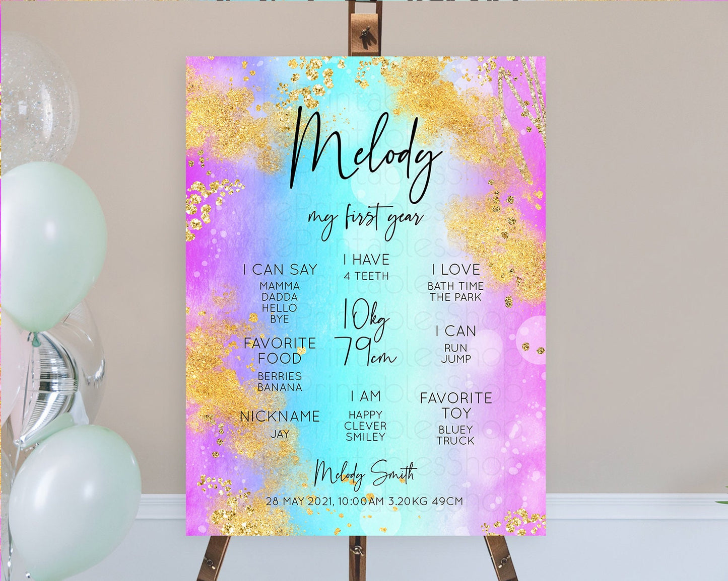 Pastel First Birthday Milestone Board Pastel Rainbow Milestone Poster Colorful Confetti Watercolor Glitter 1st Birthday Welcome Sign D10564