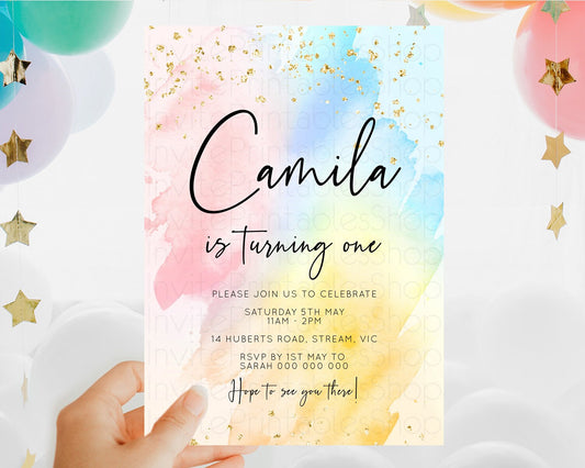 Editable Rainbow Birthday Invitation Colorful Pastel Watercolor Invitation G