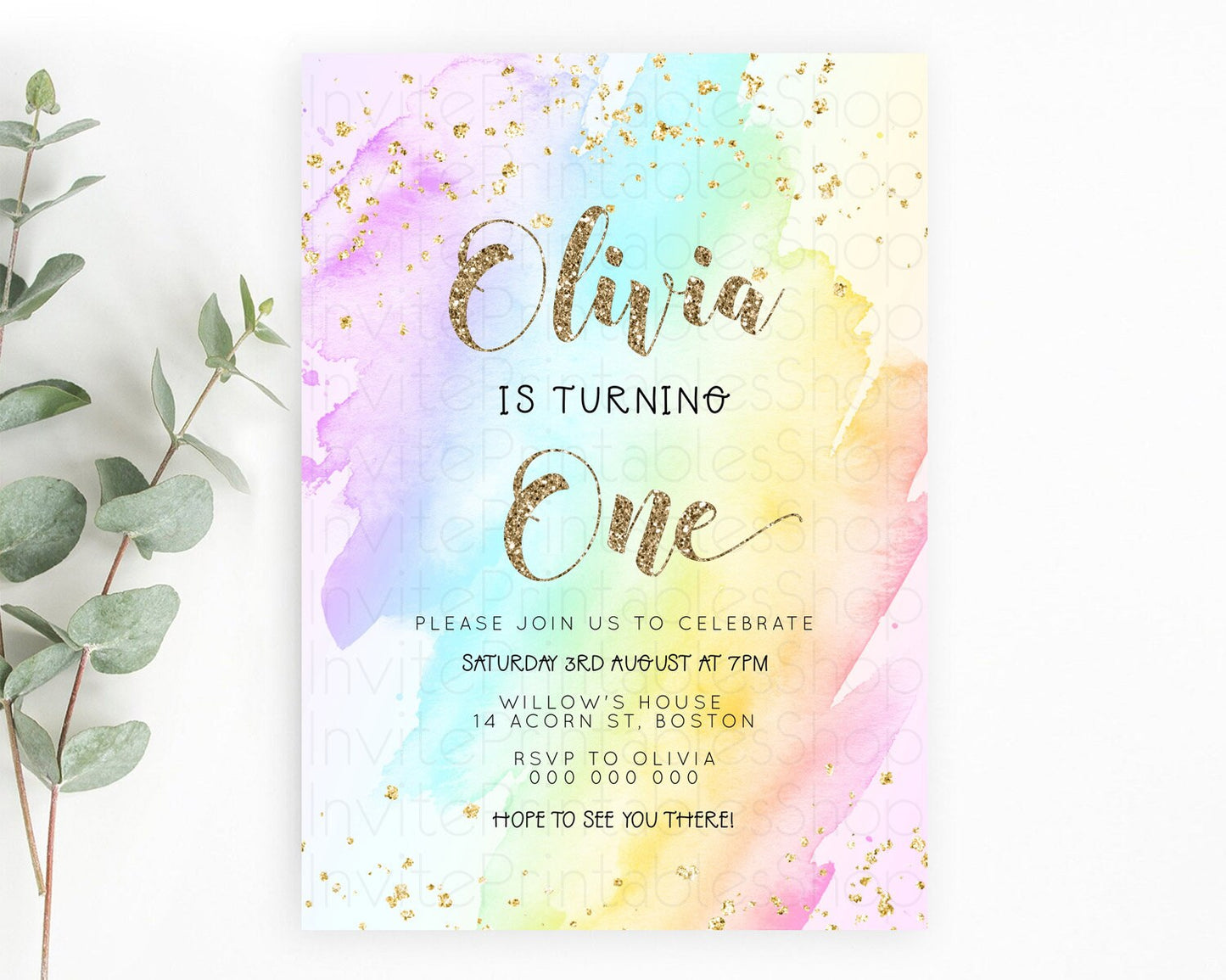 Rainbow Birthday Invitation Colorful Pastel Watercolor Invitation Gold Glitter Sprinkles Ombre Pastel 1st 2nd 3rd Birthday D23286