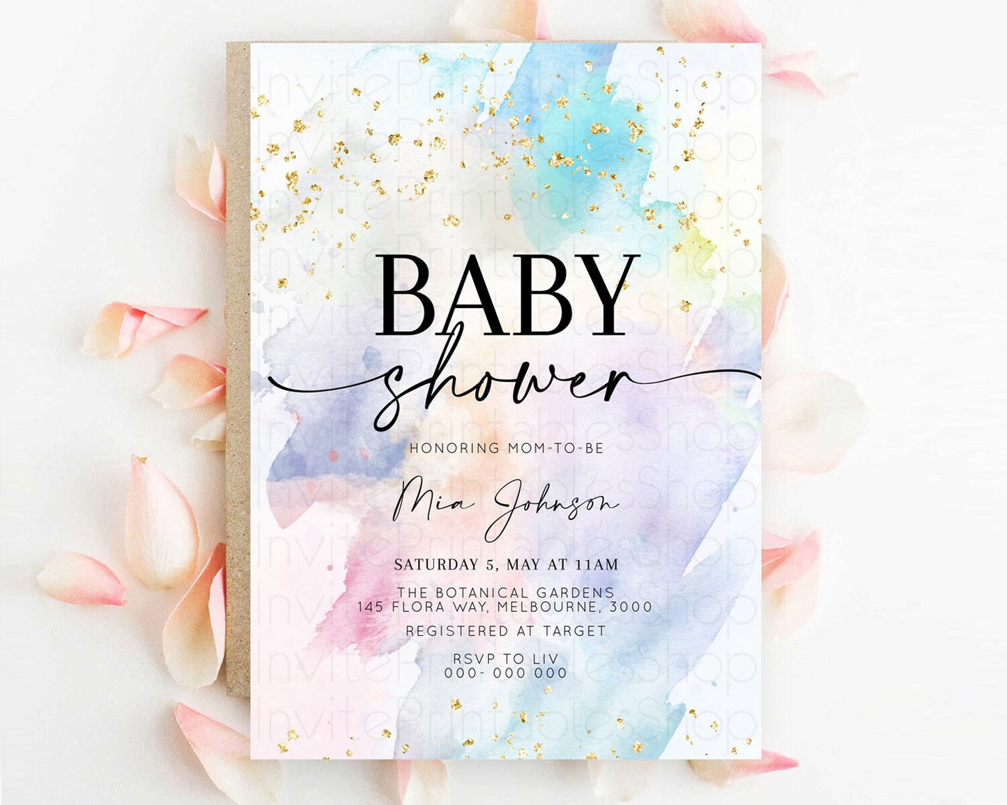 Pastel Baby Shower Invitation Rainbow Baby Shower Invitation Colorful Pastel Watercolor Invitation Gold Glitter Sprinkles Ombre D10420