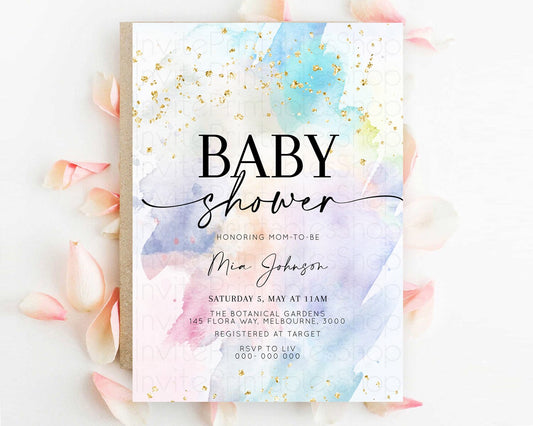 Pastel Baby Shower Invitation Rainbow Baby Shower Invitation Colorful Pastel Watercolor Invitation Gold Glitter Sprinkles Ombre D10420