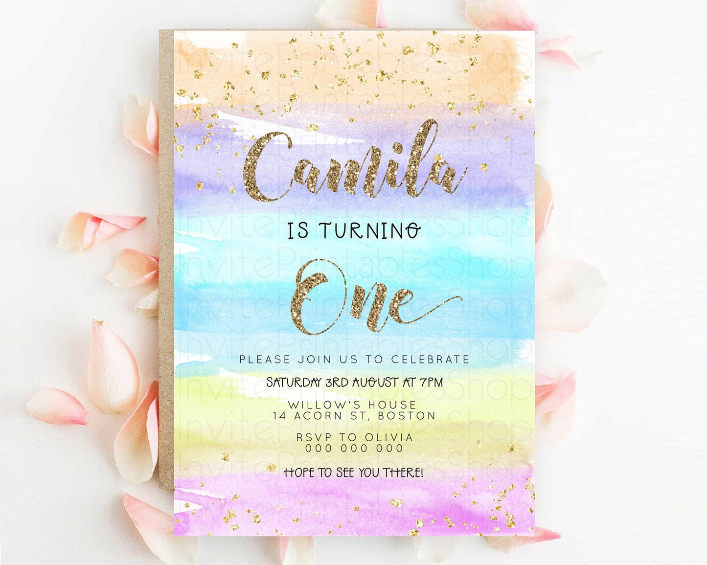 Rainbow Birthday Invitation Colorful Pastel Watercolor Invitation Gold Glitter Sprinkles Ombre Pastel 1st 2nd 3rd Birthday D23271