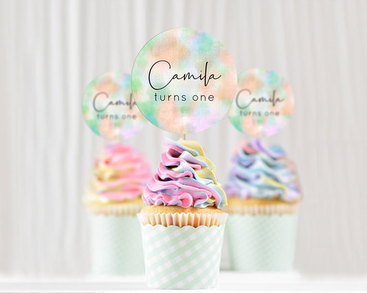 Editable Rainbow Cupcake Toppers Pastel Cupcake Toppers Colorful Pastel Wate