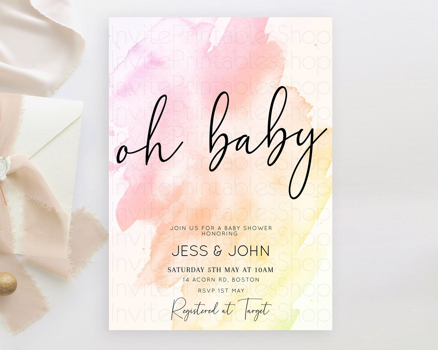 Pink Baby Shower Invitation Pink Watercolor Baby Shower Invitation Pastel Pink Watercolor Invitation Pink Splash Gold Invitation D10167