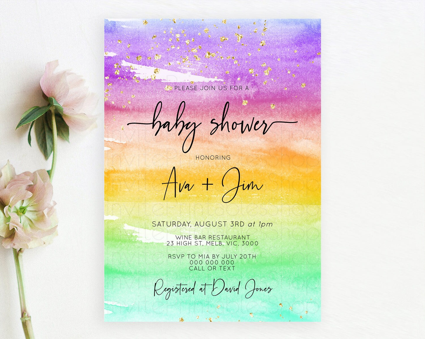 Pastel Baby Shower Invitation Rainbow Baby Shower Invitation Colorful Pastel Watercolor Invitation Gold Glitter Sprinkles Ombre D10524