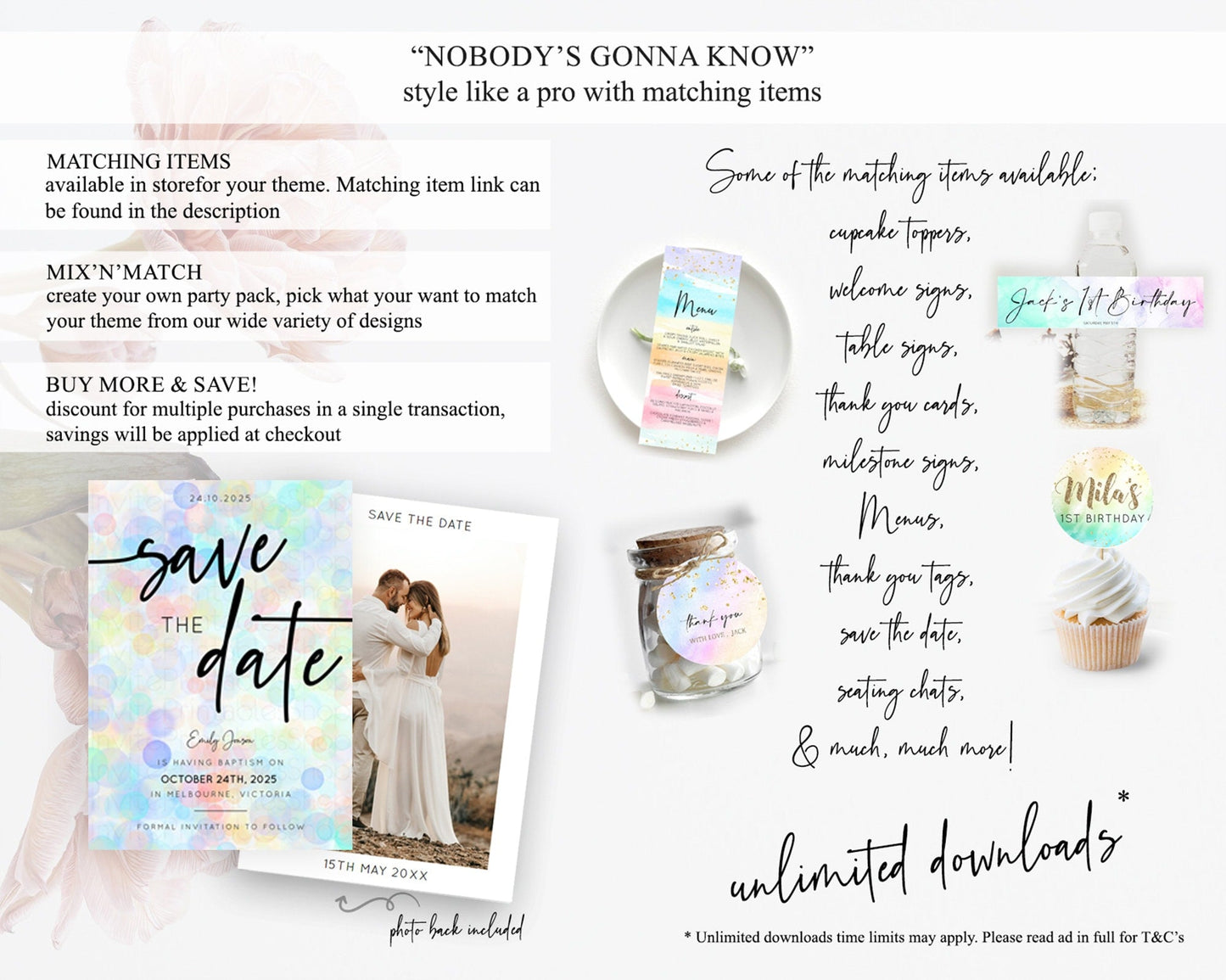 Pastel Bubbles Save The Date Template Bubble Bath Party Rainbow Colorful Confetti Sprinkles 1st Birthday Baby Shower Baptism Wedding D10444