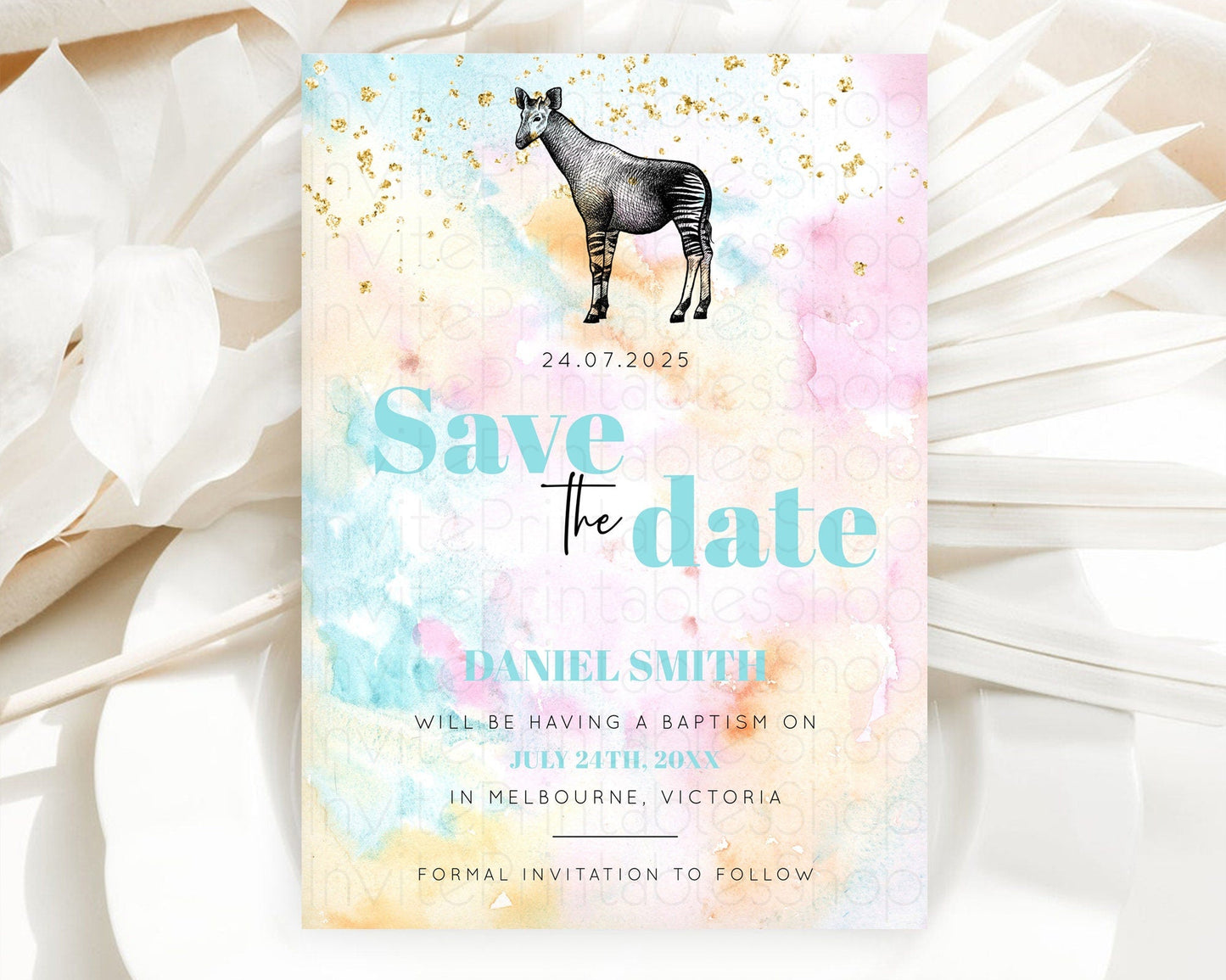 Pastel Okapi Save The Date Template Rainbow Watercolor Okapi Party Save The Date Colorful Okapi Theme Birthday Baptism Baby Shower D10282
