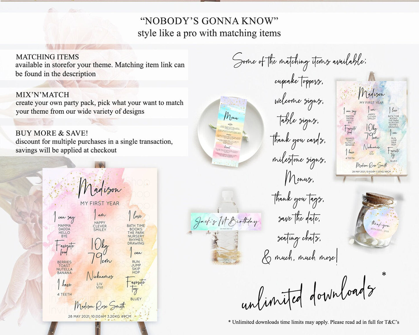 Pink First Birthday Milestone Poster Pink Watercolor Milestone Board Pastel Pink Watercolor Splash Milestone Board 1st Birthday D10167
