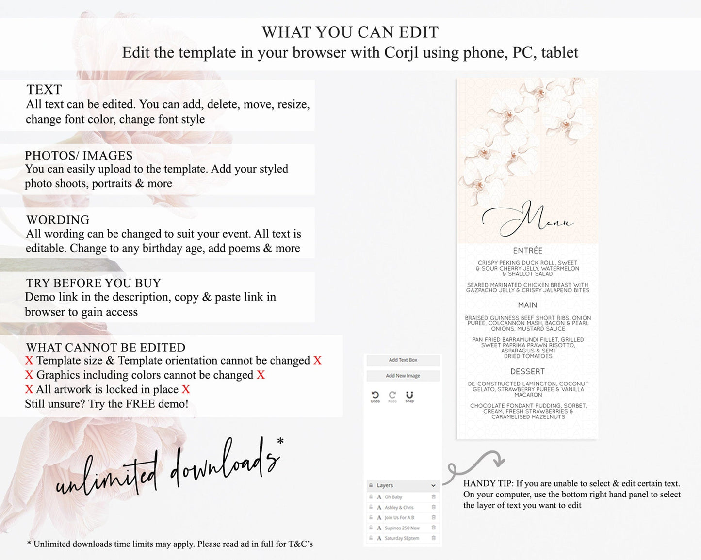 Tropical Menu Template Tropical Menu Palm Leaf Fern Table Decor Frangipani Floral White Orchid Dinner Dessert Menu Party Food Menu D11049