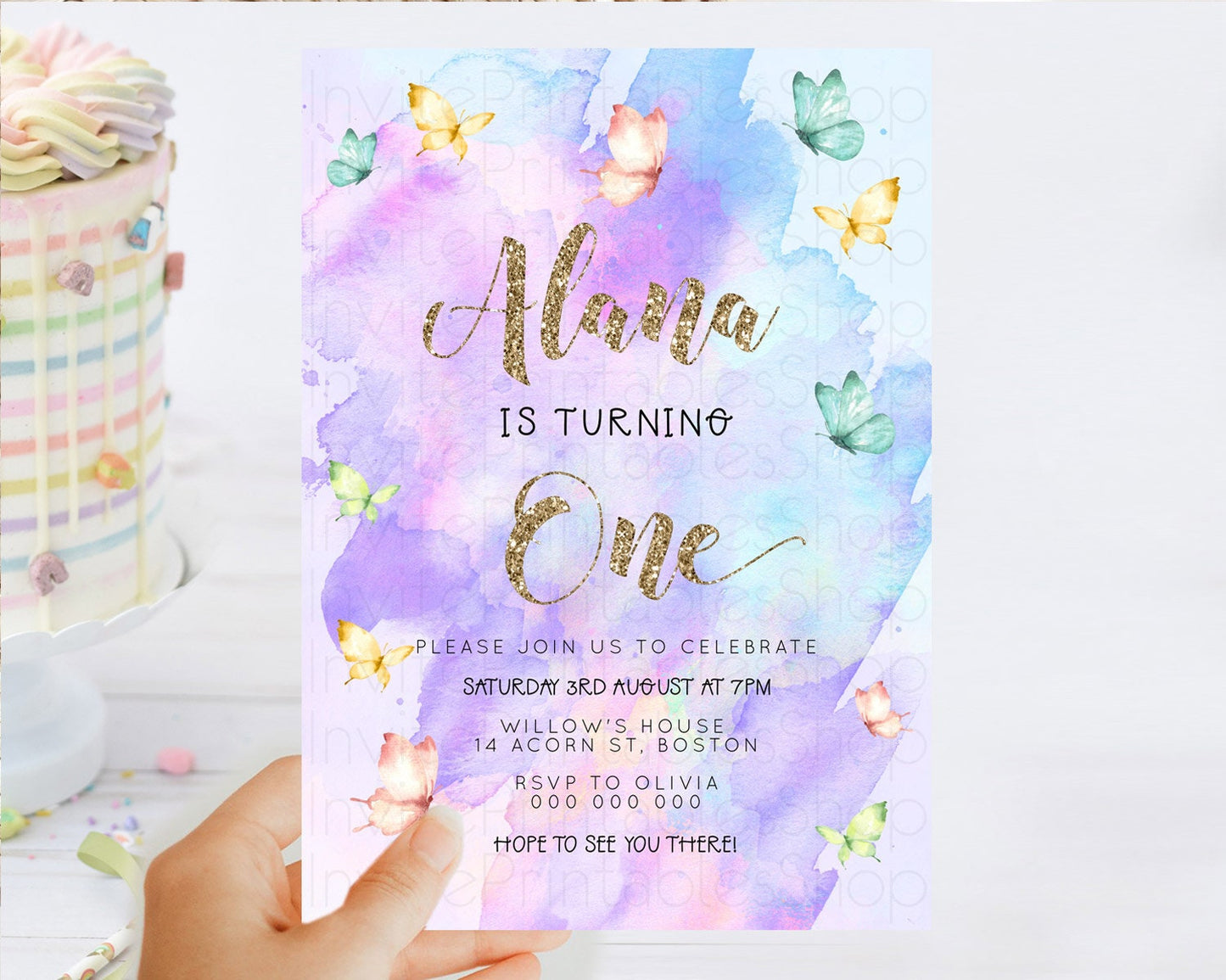 Pastel Butterfly Birthday Invitation Butterfly Birthday Invitation Colorful Splash Glitter Butterfly Garden 1st 2nd Birthday D23249