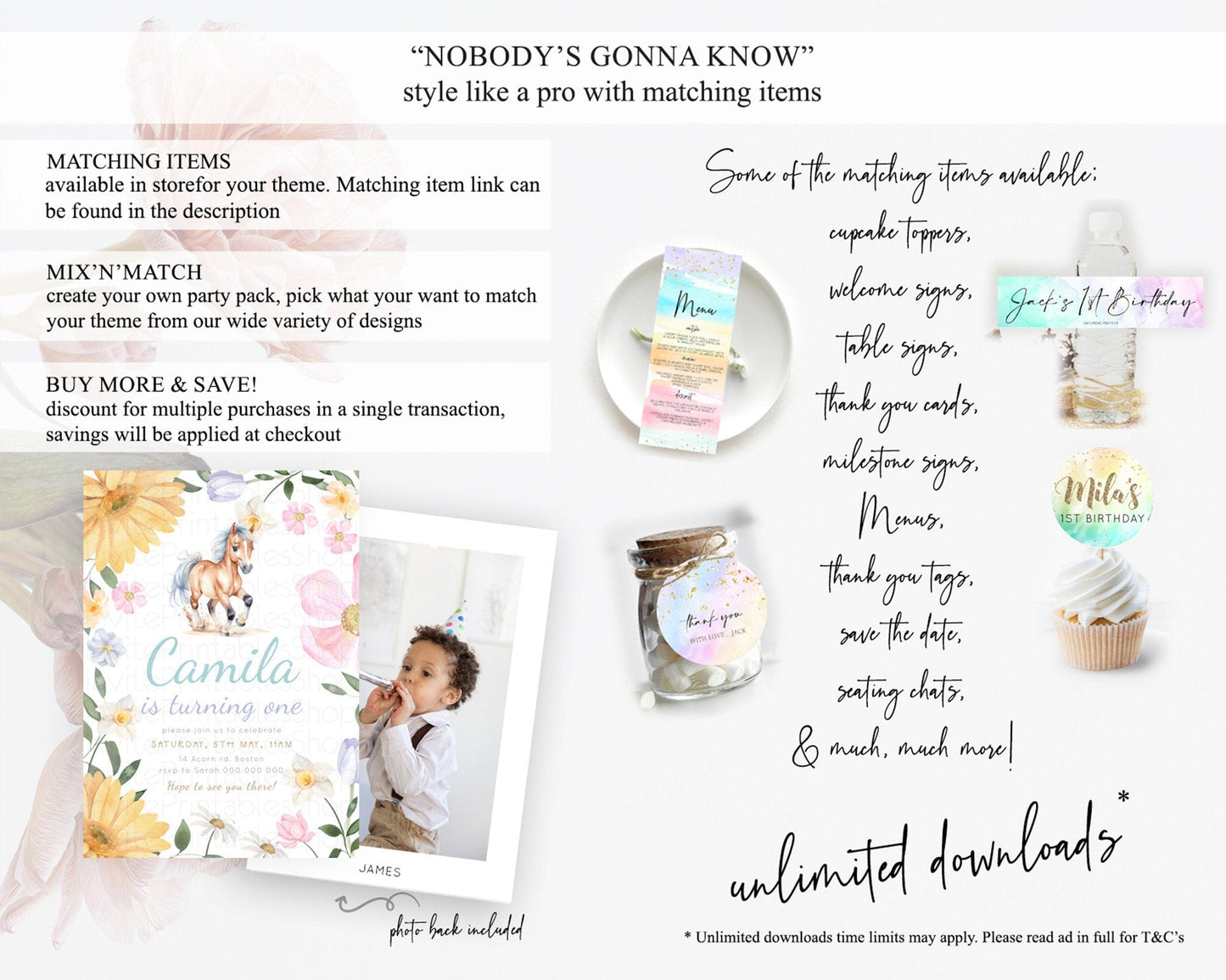 Horse Birthday Invitation, Galloping Wildflower Fields, Pastel Flowers, Butterflies, Flowers Accents for Equestrian & Cowgirls d23380