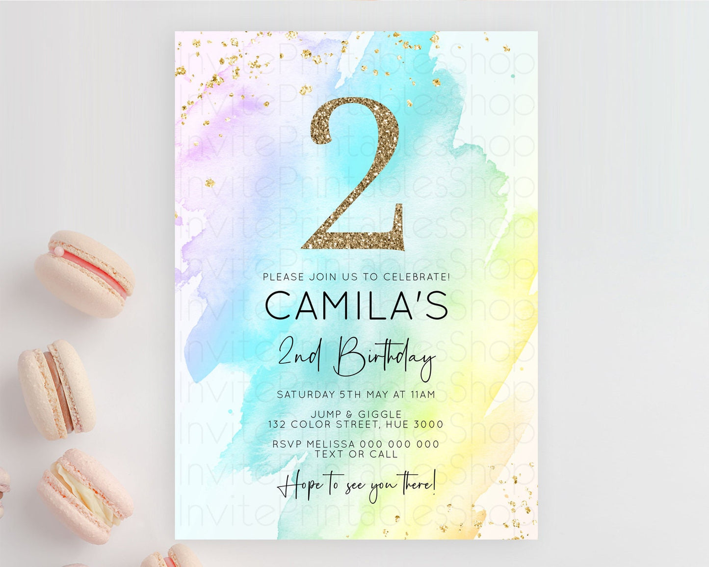 Rainbow Birthday Invitation Colorful Pastel Watercolor Invitation Gold Glitter Sprinkles Ombre Pastel 1st 2nd 3rd Birthday D10171