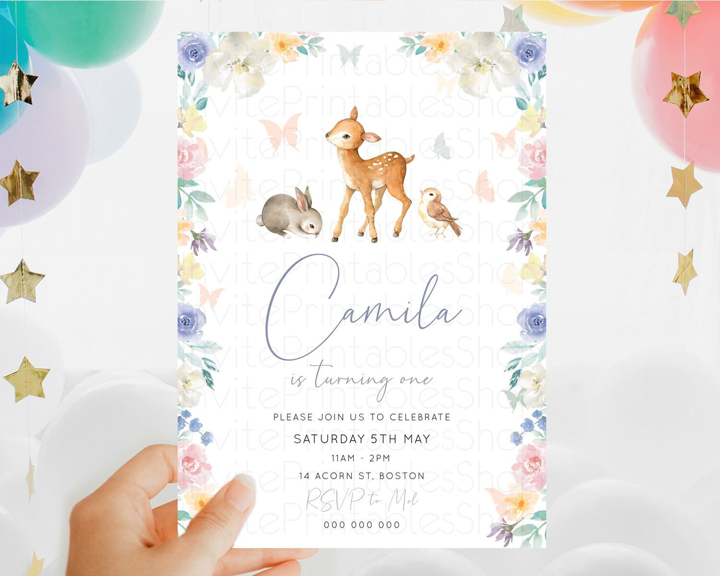 Fawn Birthday Invitation Deer Birthday Invitation Enchanted Forest Party Butterfly Pastel Flowers Whimsical 2nd 1st First Birthday D10930