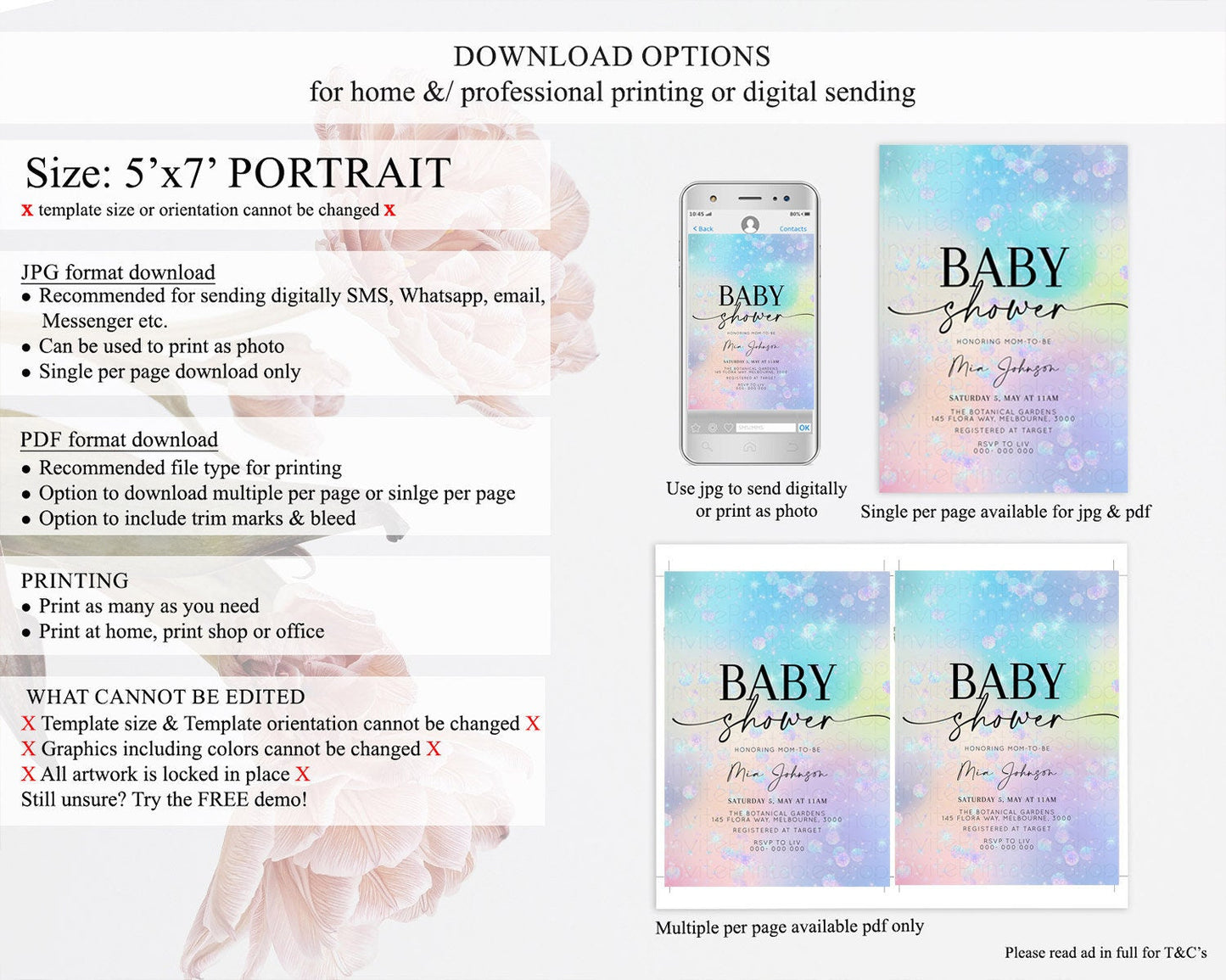 Pastel Rainbow Baby Shower Invitation, Pastel Watercolor with Iridescent Confetti Sprinkles - Colorful Invite Blue, Purple, Yellow D10665