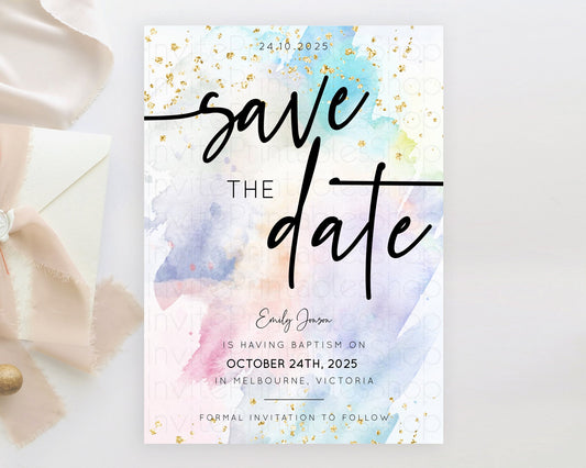 Editable Pastel Save The Date Template Pastel Ombre Rainbow Watercolor Color