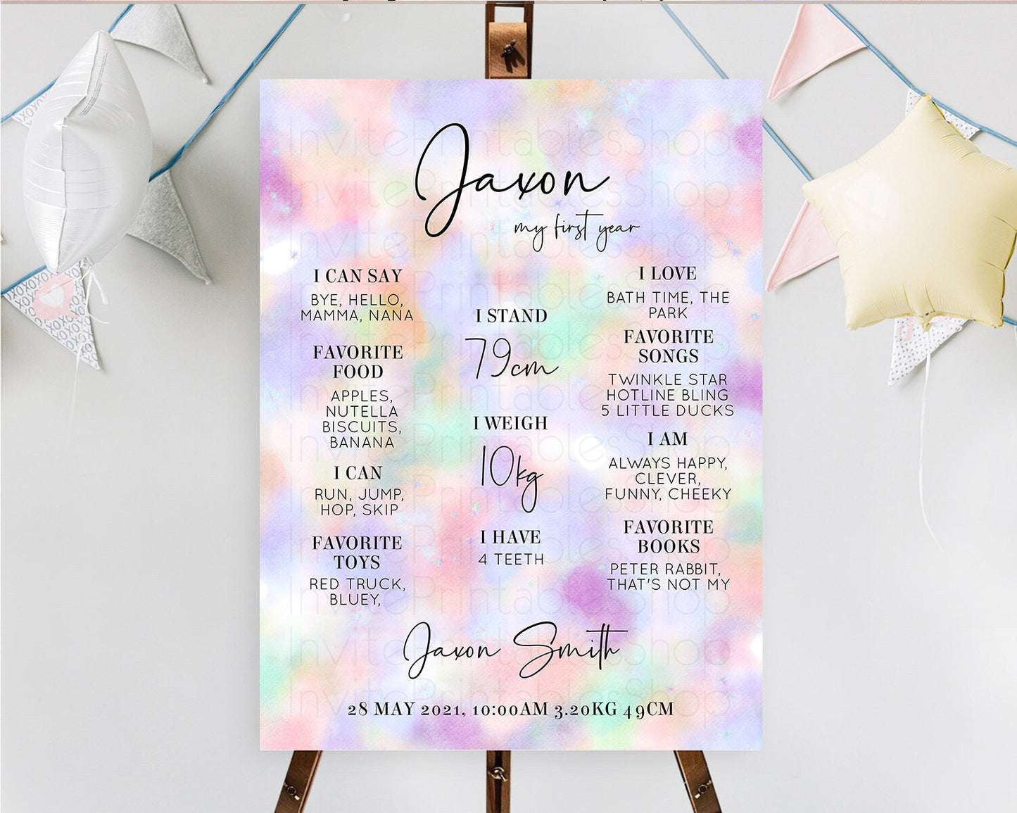 Pastel First Birthday Milestone Board Pastel Rainbow Milestone Poster Colorful Confetti Watercolor Glitter 1st Birthday Welcome Sign D10697