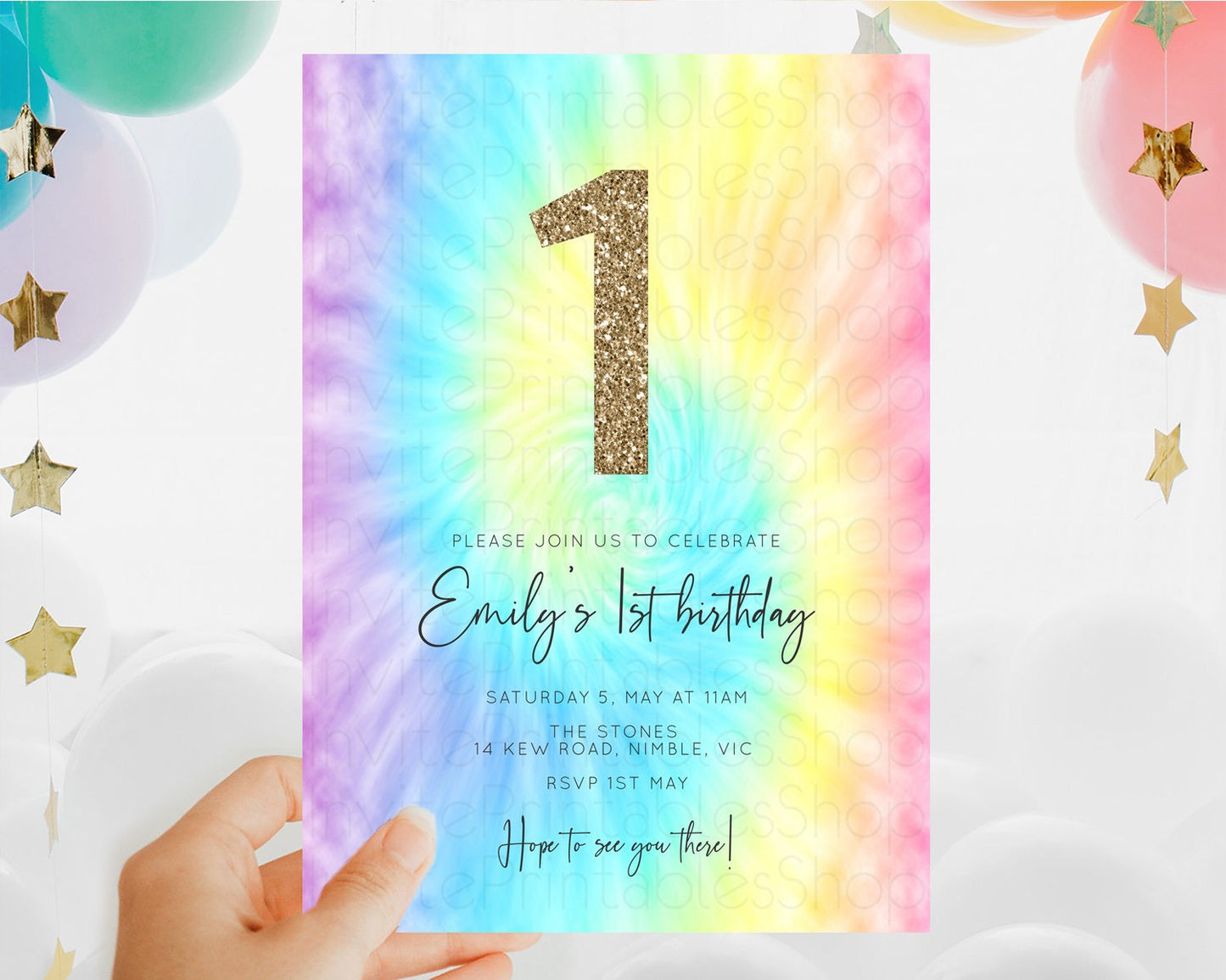 Tie Dye Invitation Rainbow Birthday Invitation Pastel Invitation Colorful Invitation Pastel Rainbow Party 3rd 2nd 1st First Birthday D10578