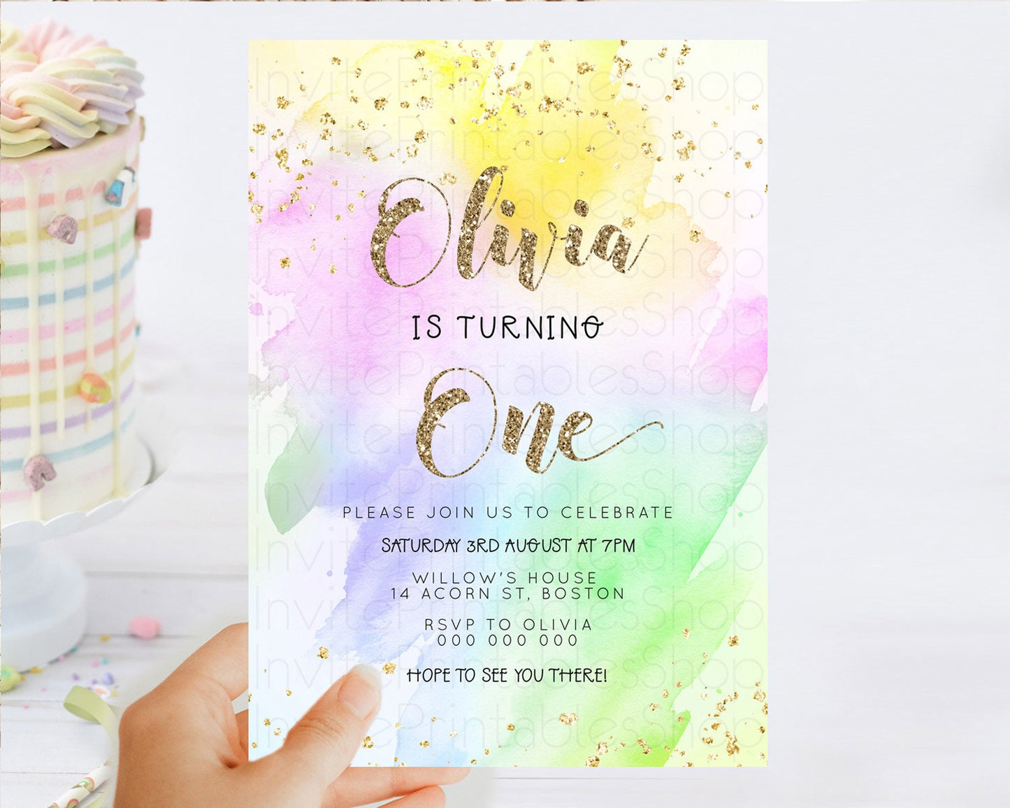 Rainbow Birthday Invitation Colorful Pastel Watercolor Invitation Gold Glitter Sprinkles Ombre Pastel 1st 2nd 3rd Birthday D23305