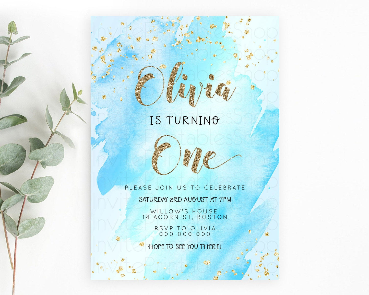 Blue Birthday Invitation Blue Watercolor Invitation Pastel Blue Watercolor Invitation Blue Splash Gold Invitation 1st First Birthday D23307