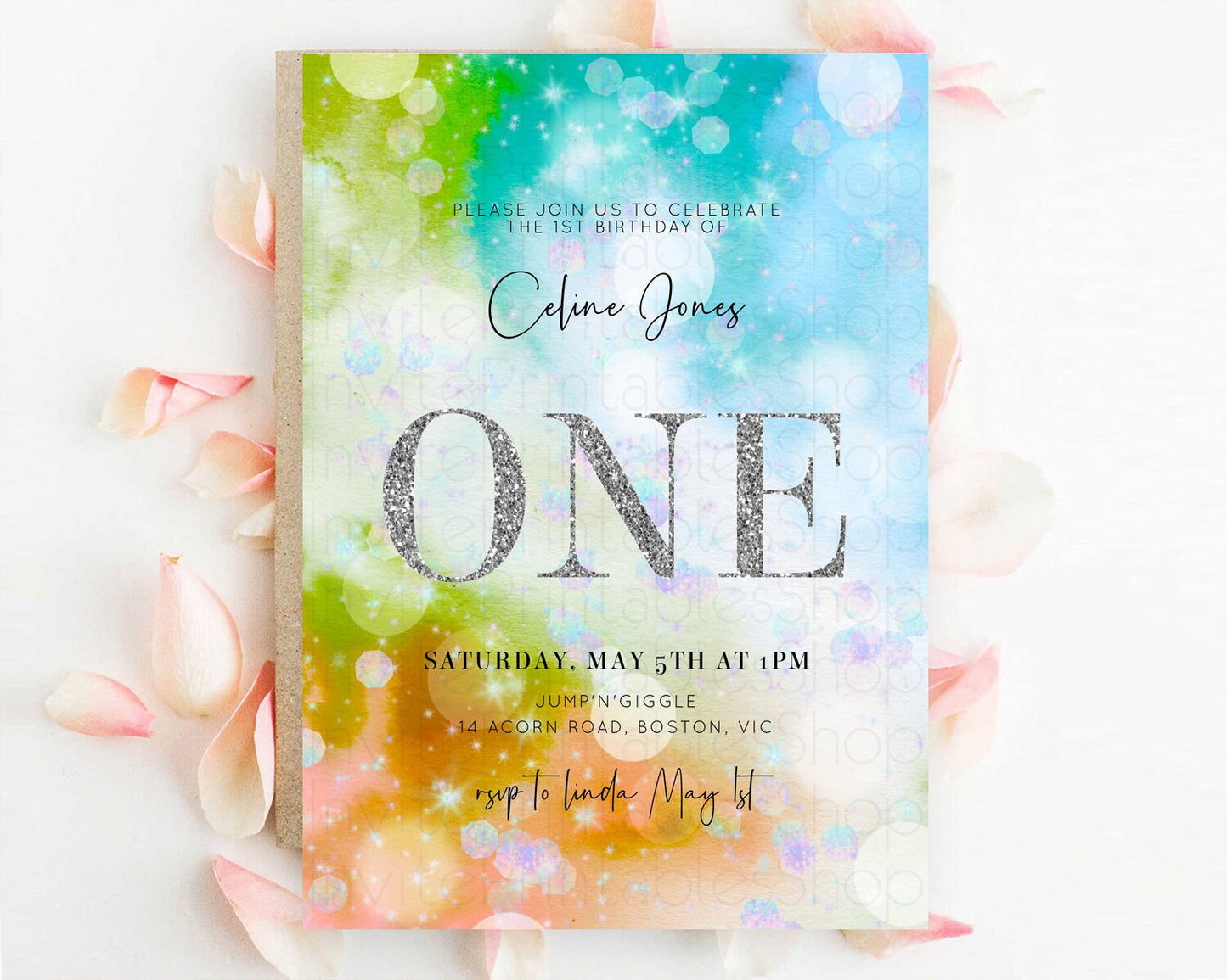 Rainbow Birthday Invitation Colorful Pastel Watercolor Silver Glitter Sprinkles Ombre Pastel Invitation 1st 2nd 3rd First Birthday D10692