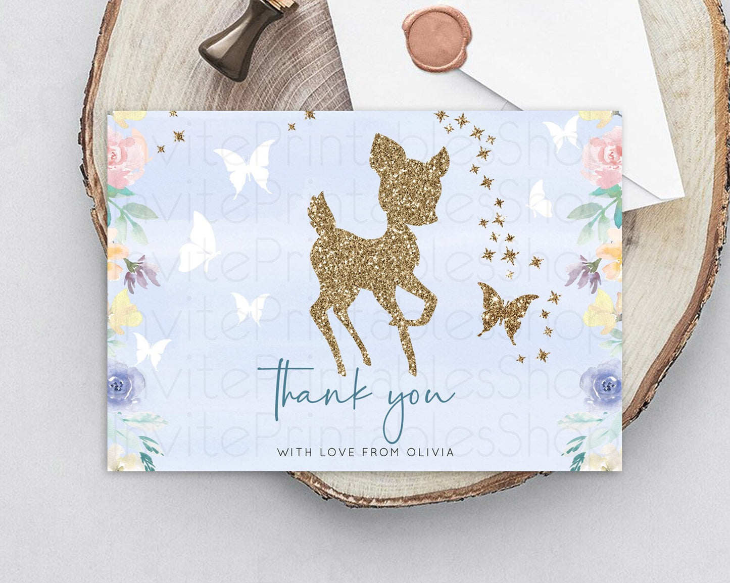 Fawn Thank You Deer Thank You Card Pastel Floral Deer Birthday Thank You Card Enchanted Forest Butterfly Deer Teacher Thank You Card D10879