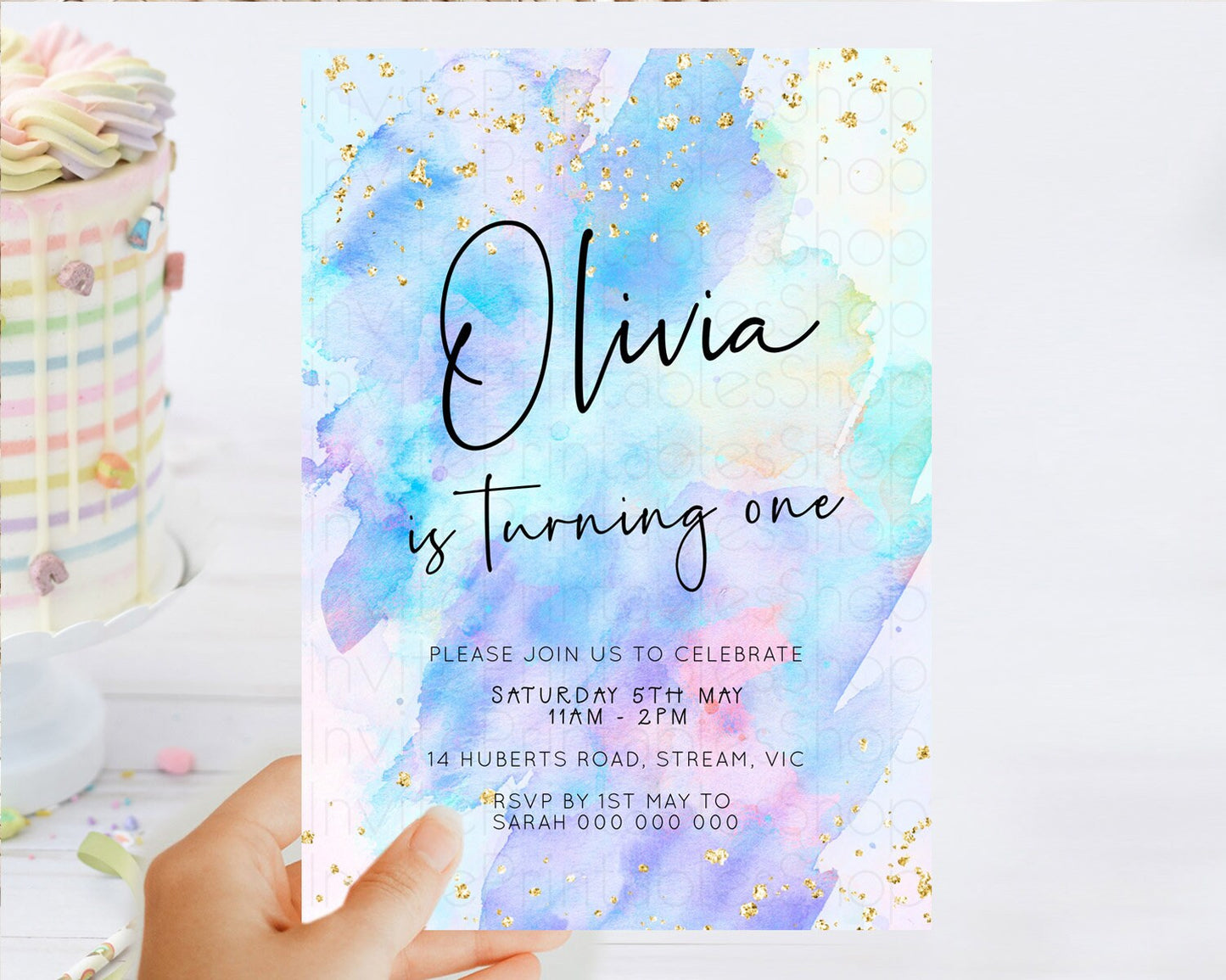 Pastel Birthday Invitation Ombre Watercolor Birthday Invitation Glitter Rainbow Color Splash 1st 2nd 3rd Birthday Invitation D23061