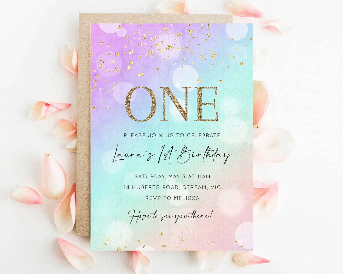 Rainbow Birthday Invitation Pastel Birthday Invite Ombre Watercolor Invite Enchanted Theme Colorful Splash Glitter Sprinkles 1st 2nd 3rd