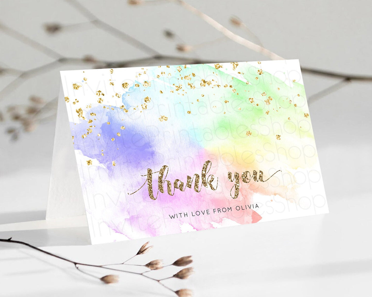Pastel Thank You Rainbow Thank You Card Colorful Pastel Birthday Thank You Card Confetti Watercolor Pastel Teacher Thank You Cards D10319