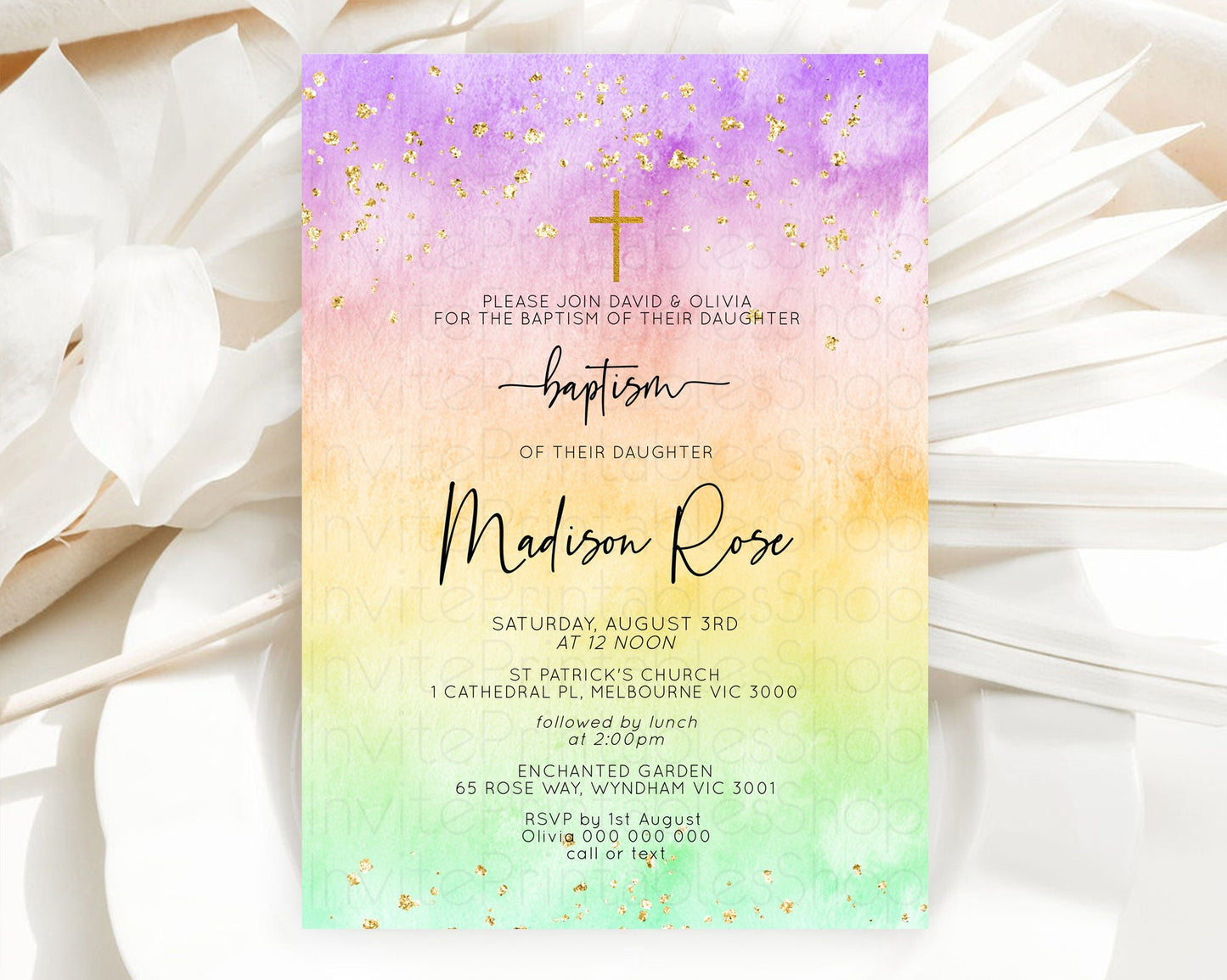 Pastel Baptism Invitation Pastel Colors Watercolor Baptism 1st Birthday Party Gold Ombre Pastel Rainbow Christening Holy Communion D10514