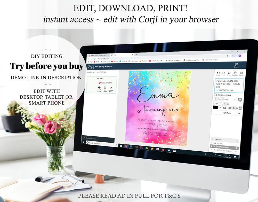 Rainbow Birthday Invitation Ombre Pastel Invitation Colorful Watercolor Splash Gold Glitter Sprinkles Tie Dye Printable Digital Invite 509
