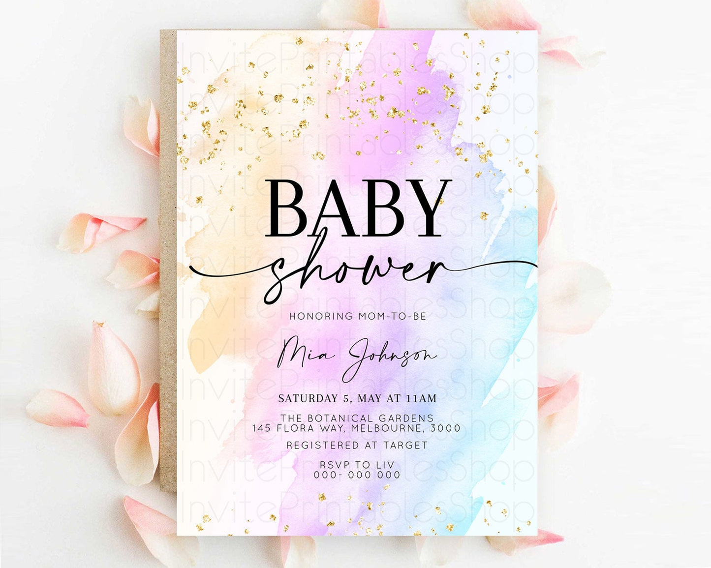 Pastel Baby Shower Invitation Rainbow Baby Shower Invitation Colorful Pastel Watercolor Invitation Gold Glitter Sprinkles Ombre D10175