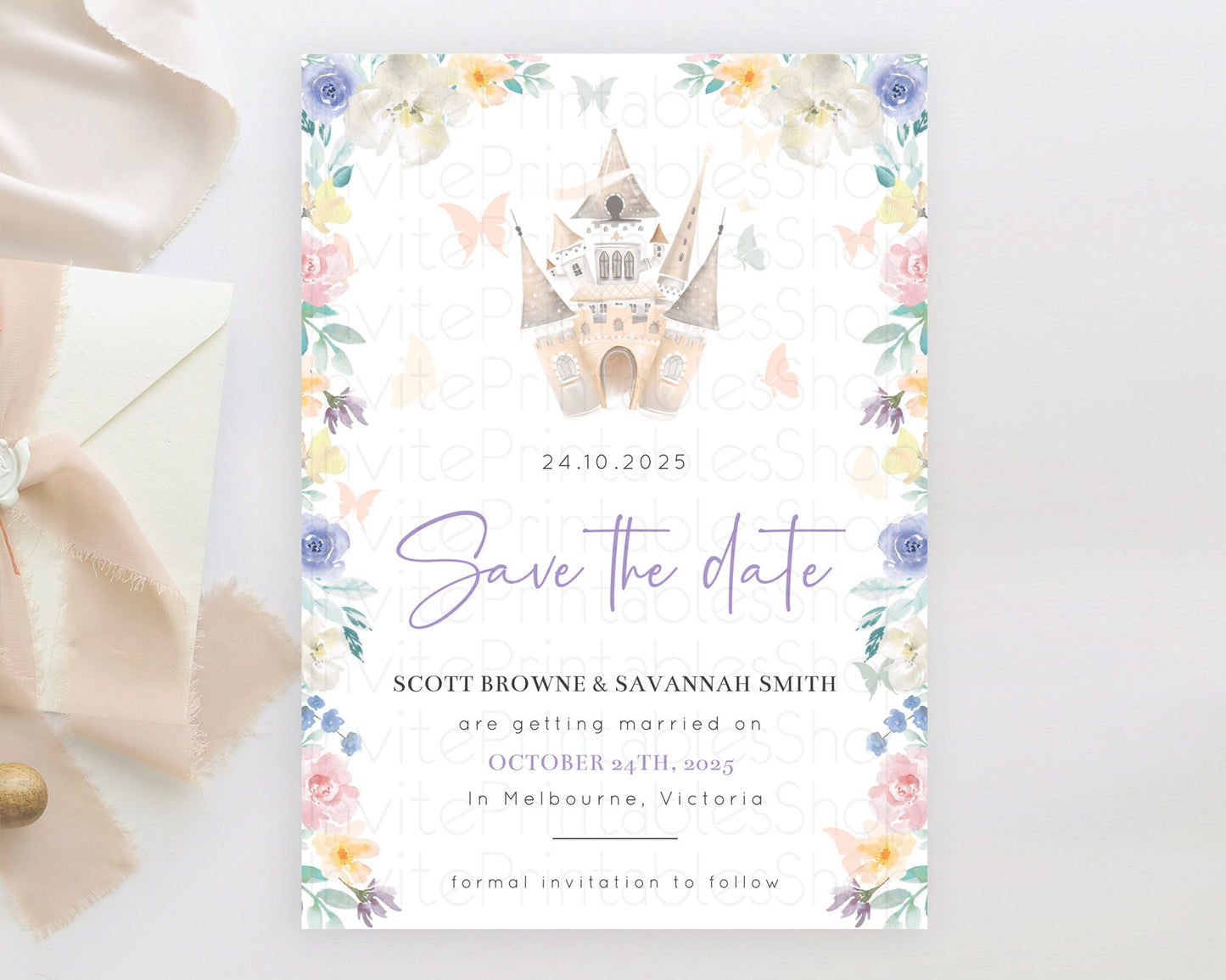 Princess Save The Date Template Secret Garden Enchanted Castle Pastel Floral Royal Party For 1st Birthday Baptism Baby Shower D10709