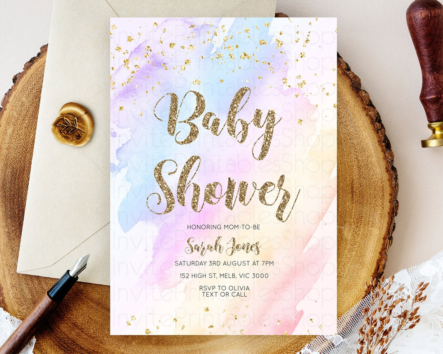 Pastel Baby Shower Invitation Rainbow Baby Shower Invitation Colorful Pastel Watercolor Invitation Gold Glitter Sprinkles Ombre D10633