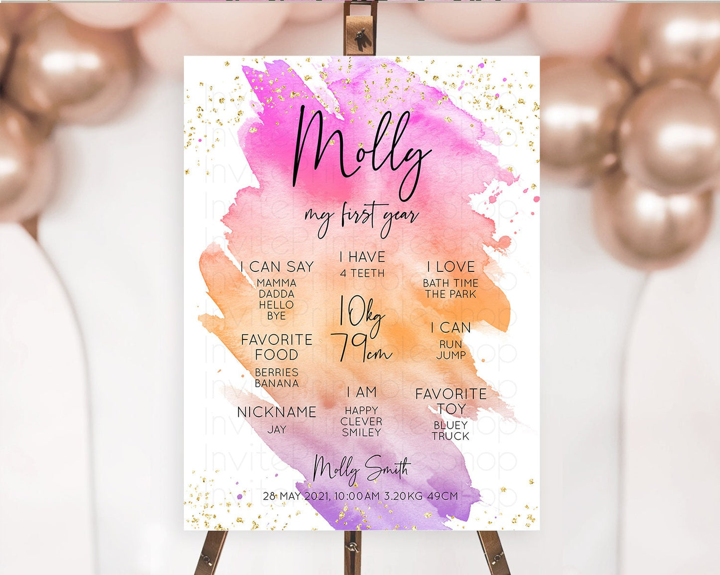 Pastel First Birthday Milestone Board Pastel Rainbow Milestone Poster Colorful Confetti Watercolor Glitter 1st Birthday Welcome Sign D10488