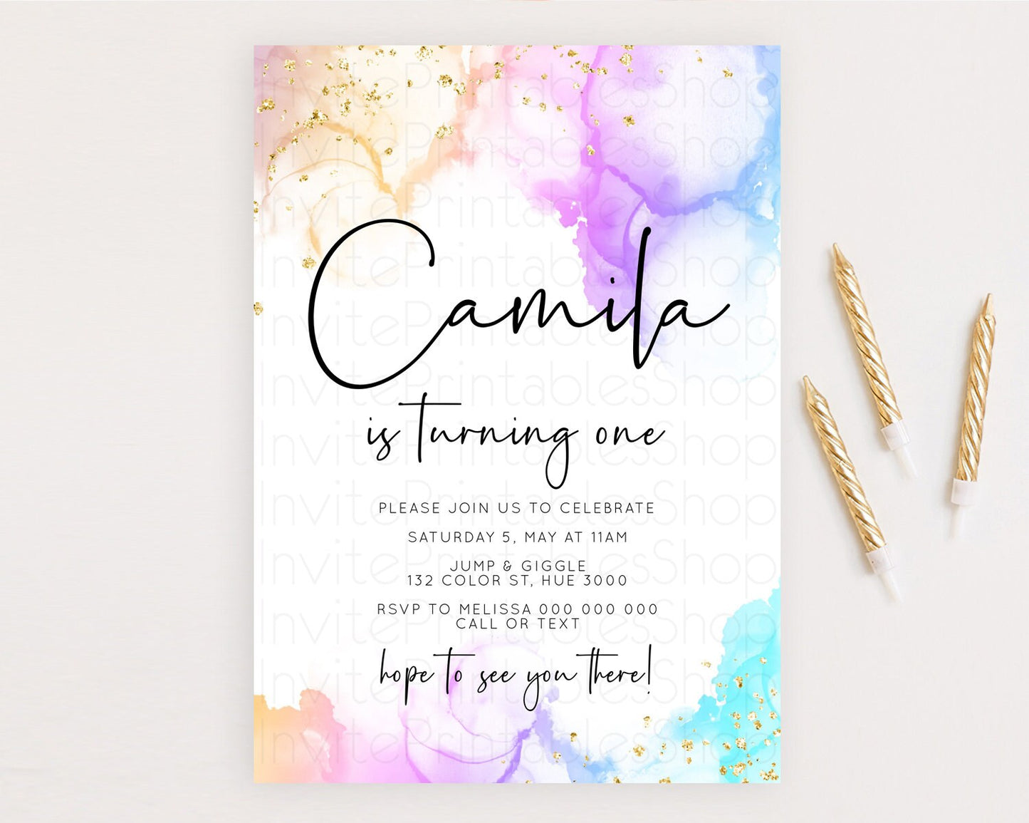 Rainbow Birthday Invitation Colorful Pastel Watercolor Invitation Gold Glitter Sprinkles Ombre Pastel 1st 2nd 3rd Birthday D10180