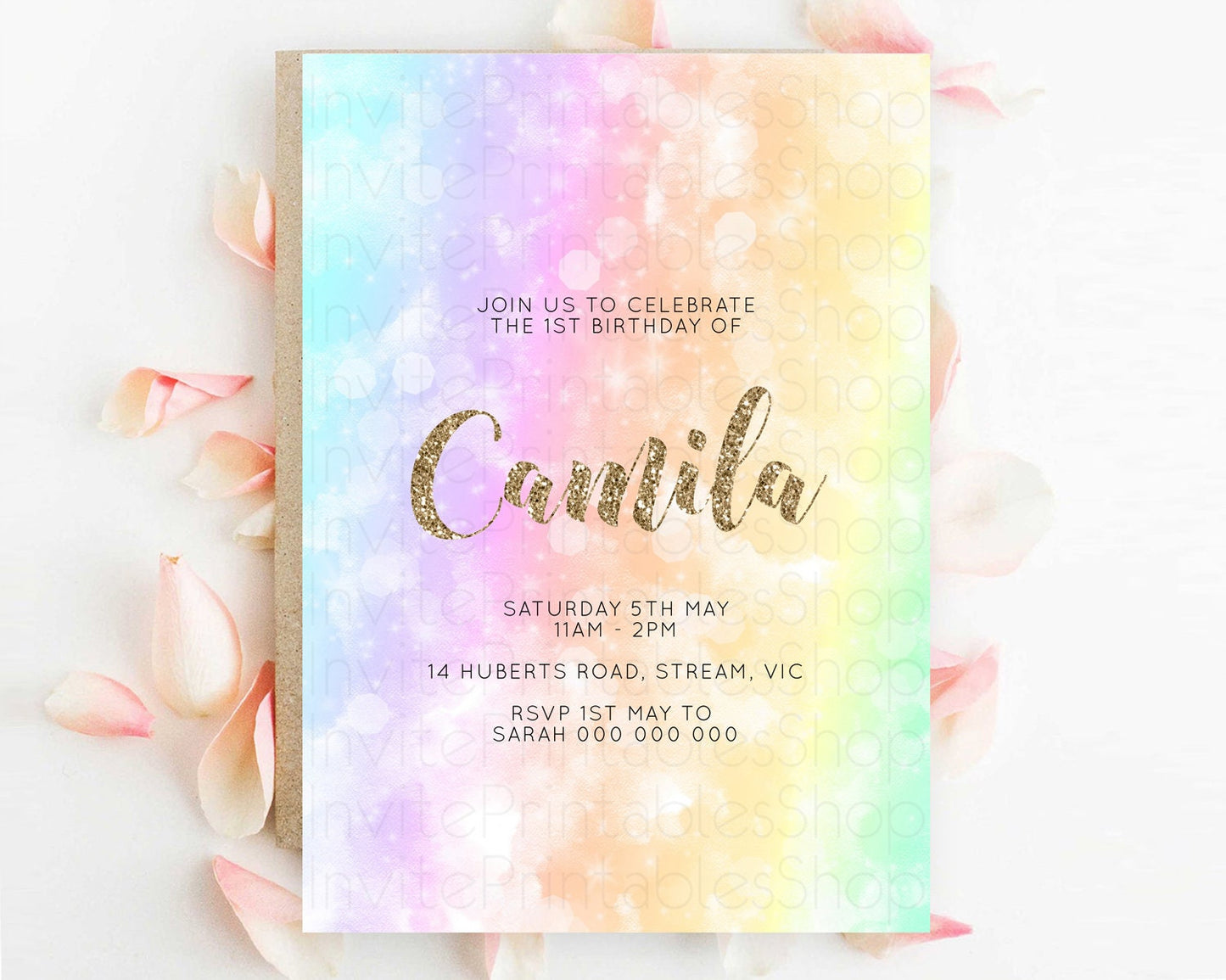 Rainbow Birthday Invitation Colorful Pastel Watercolor Invitation Gold Glitter Sprinkles Ombre Pastel 1st 2nd 3rd Birthday D10648