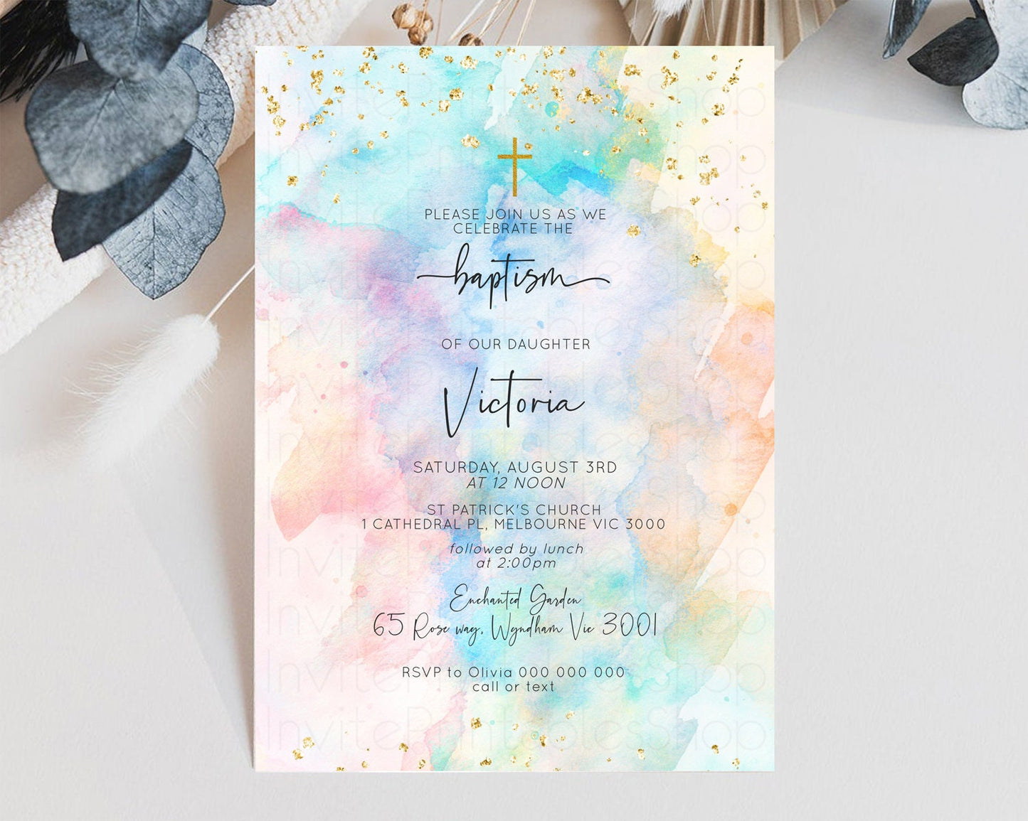 Rainbow Baptism invitation Pastel Rainbow Christening Invite Ombre Watercolor Invite Gold Glitter Sprinkle Splash Cross Religious 276v3