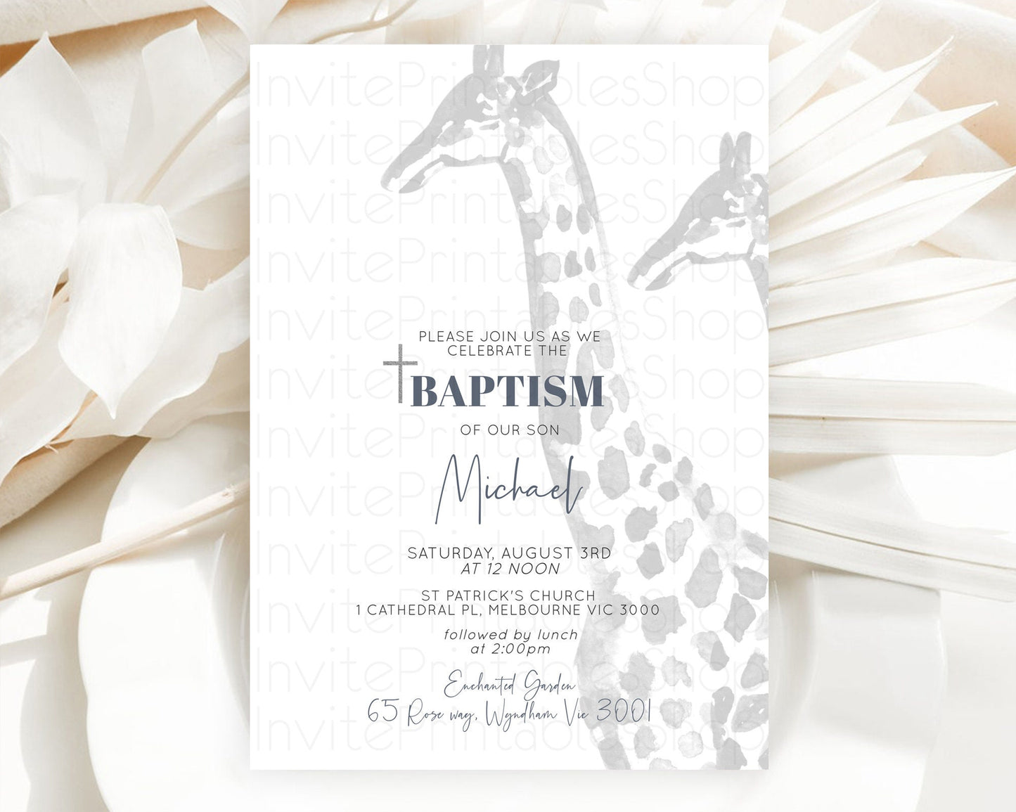 Giraffe Baptism Invitation Giraffe Baptism 1st Birthday Invitation Watercolor Wild Safari Giraffe Zoo Animal Christening Invitation D10306