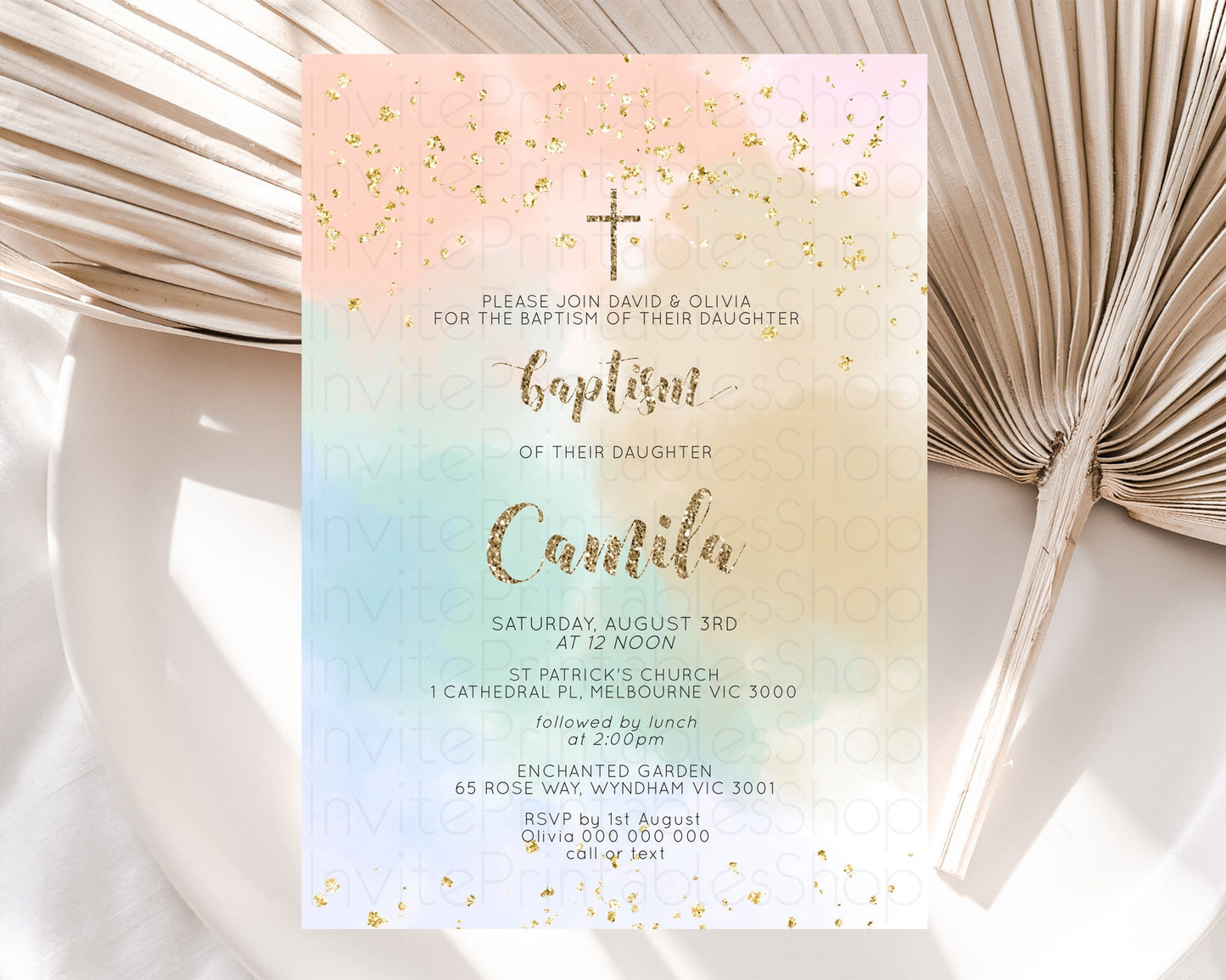 Pastel Baptism Invitation Pastel Colors Watercolor Baptism 1st Birthday Party Gold Ombre Pastel Rainbow Christening Holy Communion D10377