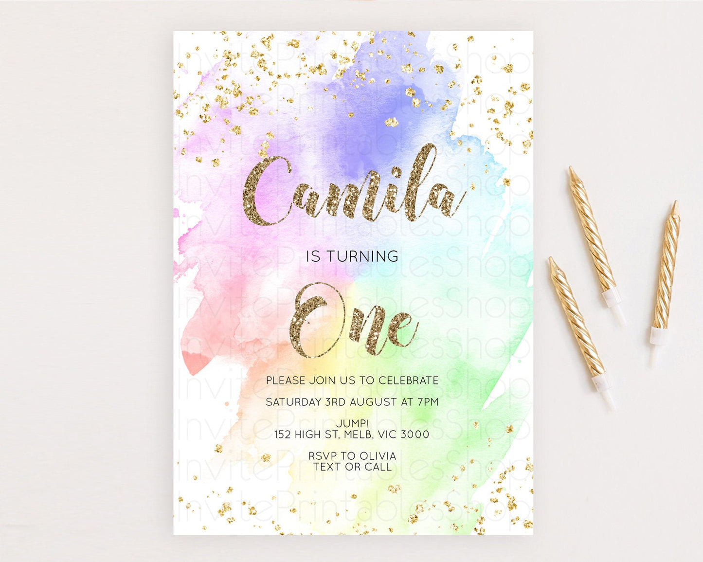 Rainbow Birthday Invitation Colorful Pastel Watercolor Invitation Gold Glitter Sprinkles Ombre Pastel 1st 2nd 3rd Birthday D10319