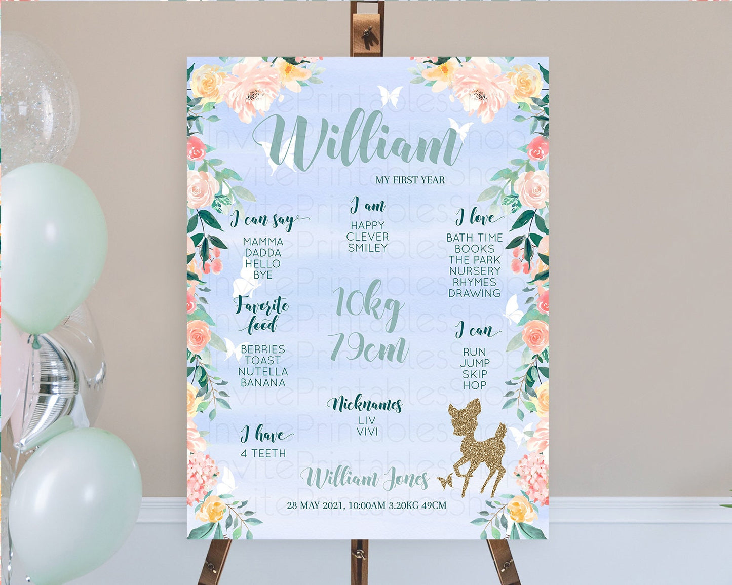 Fawn First Birthday Milestone Board Deer First Birthday Milestone Poster Enchanted Forest Butterfly Pastel Flowers 1st Birthday Sign D10875