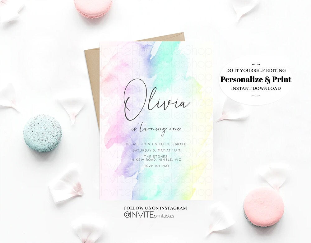 Watercolor Birthday Invitation Colorful Pastel Rainbow Splash Ombre Ink Paint Purple Blue Yellow Modern Simple Custom Printable C210