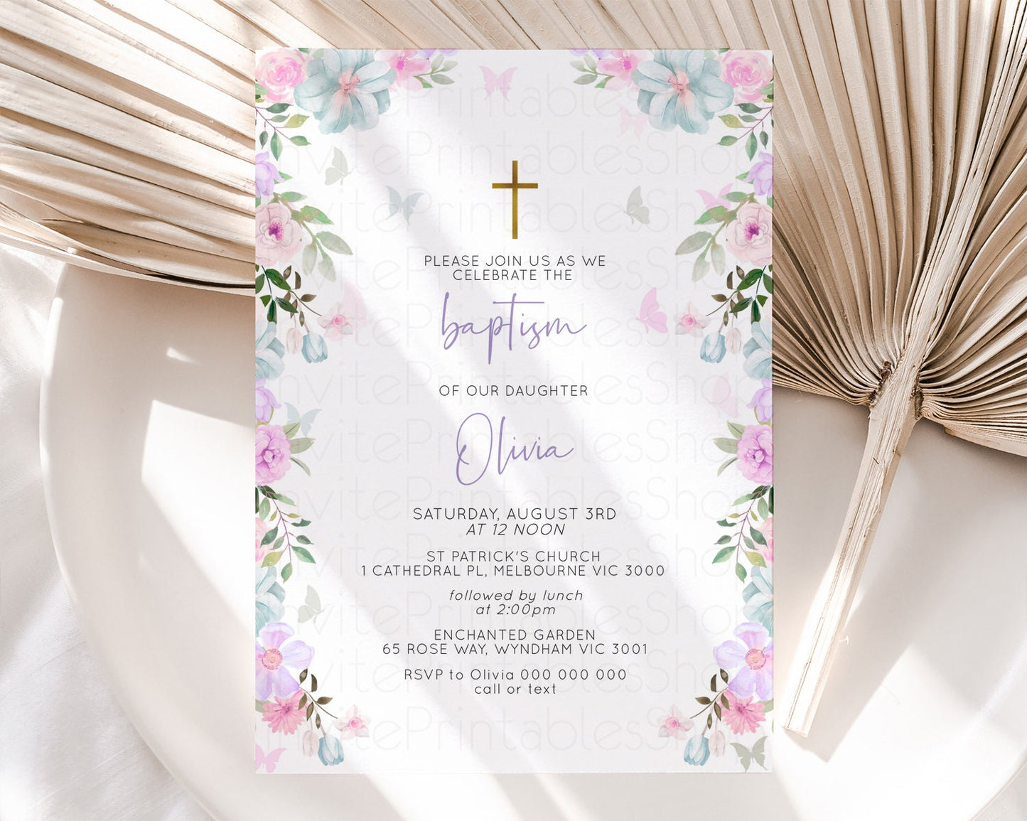 Floral Baptism Invitation Pastel Floral Christening Invitation Enchanted Garden Purple Pink Flowers Butterflies Holy Communion Invite 513