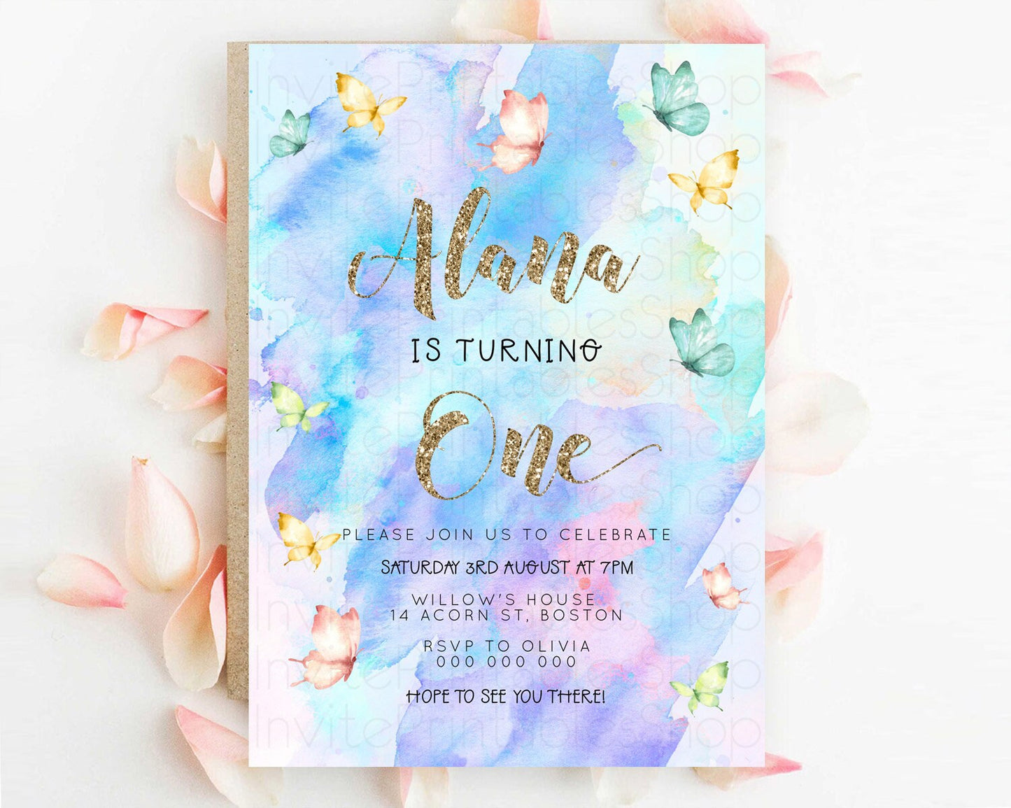 Pastel Butterfly Birthday Invitation Butterfly Birthday Invitation Colorful Splash Glitter Butterfly Garden 1st 2nd Birthday D23245