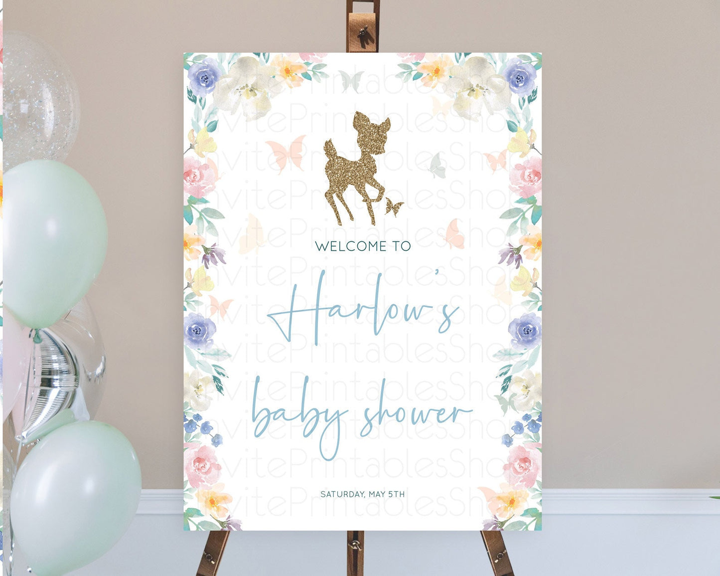 Fawn Baby Shower Welcome Sign Deer Welcome Board Floral Deer Welcome Poster Enchanted Forest Butterfly Pastel Floral Welcome Sign D10878