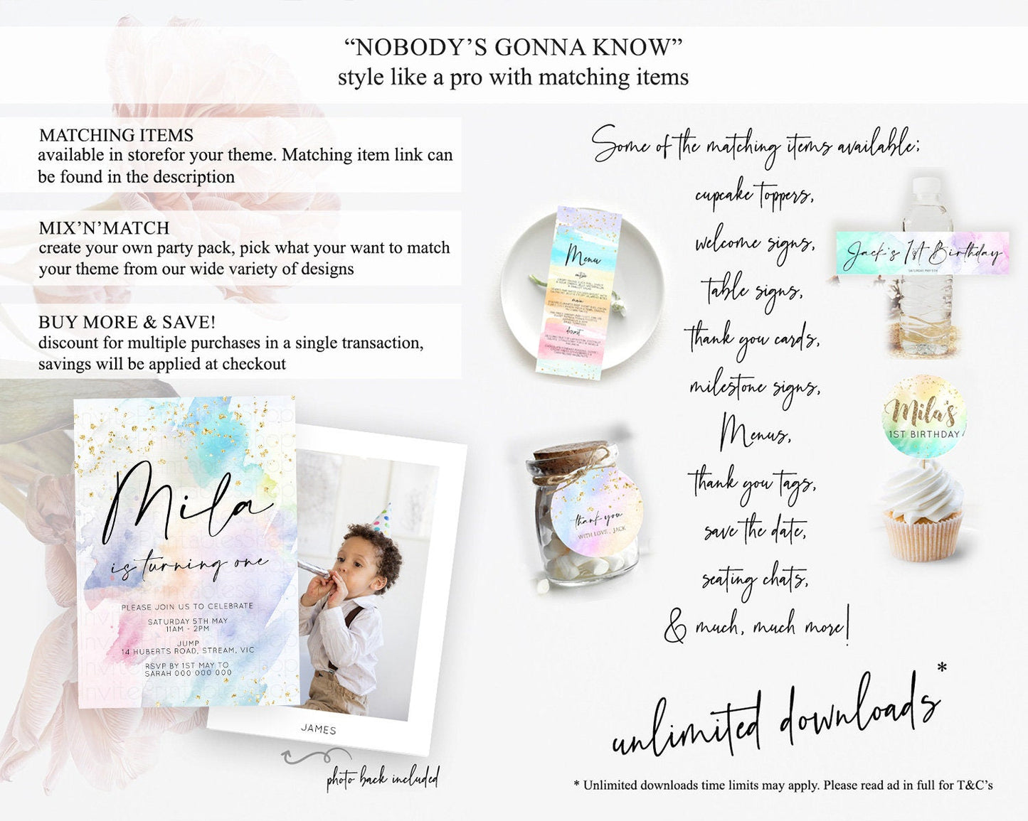 Rainbow Birthday Invitation Colorful Pastel Watercolor Invitation Gold Glitter Sprinkles Ombre Pastel 1st 2nd 3rd Birthday D10420