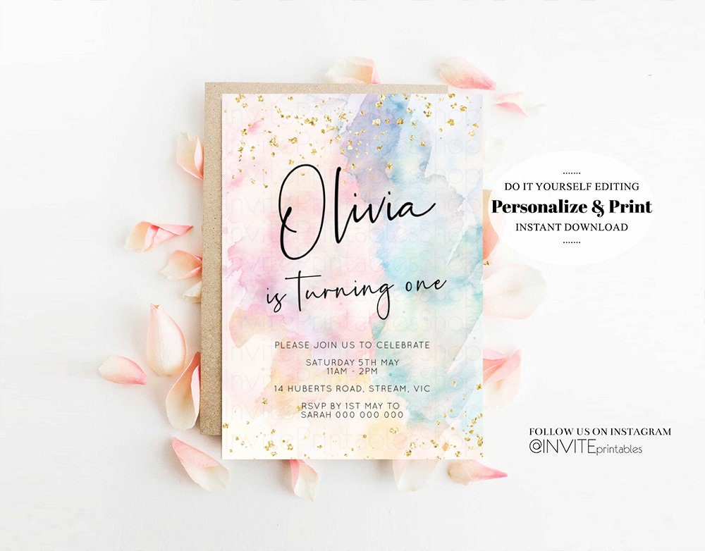 Rainbow Birthday Invitation Colorful Watercolor Gold Glitter Sprinkles Ombre Pastel Invitation 1st 2nd 3rd Printable Editable Invite 276v2