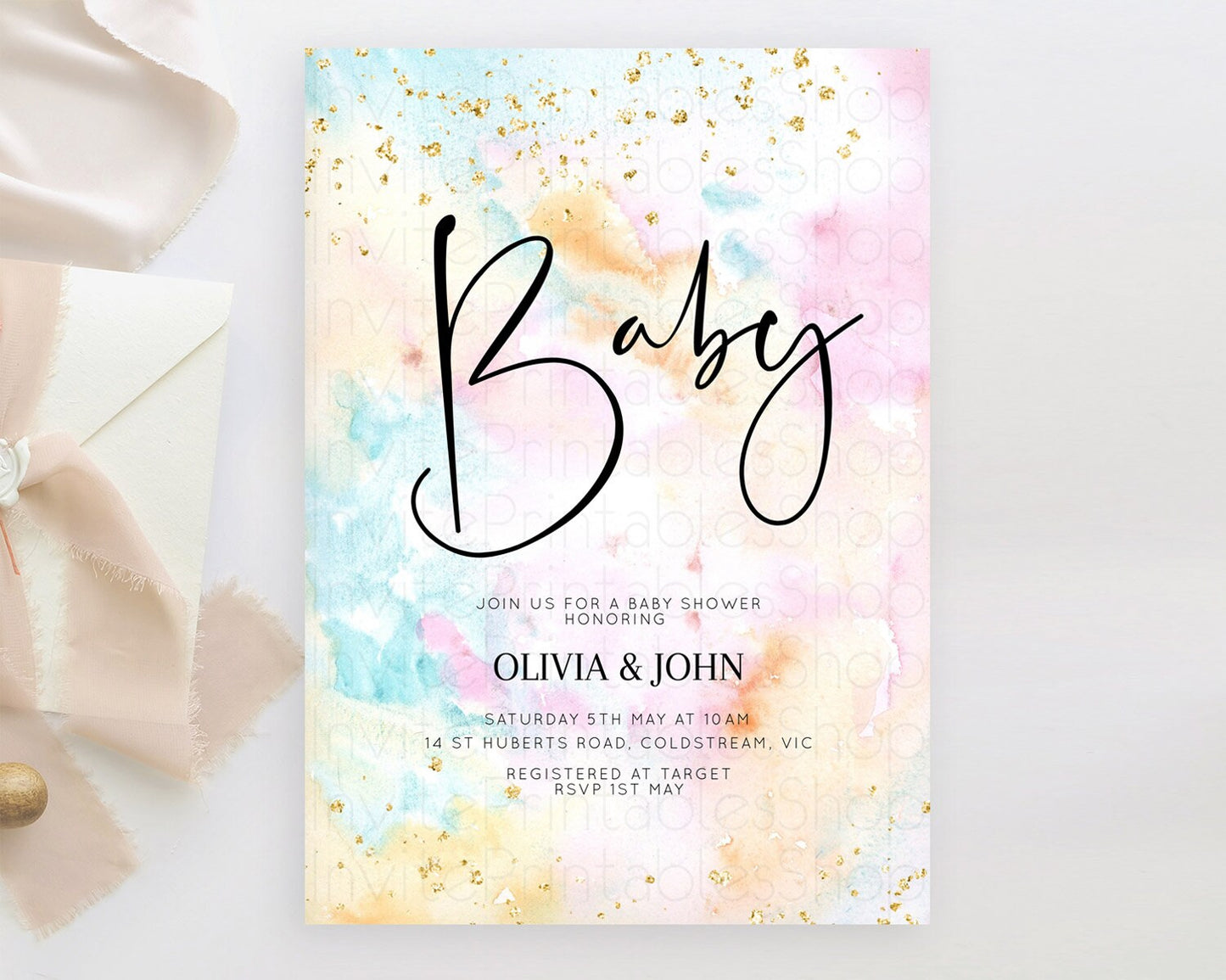 Pastel Baby Shower Invitation Rainbow Baby Shower Invitation Colorful Pastel Watercolor Invitation Gold Glitter Sprinkles Ombre D10548