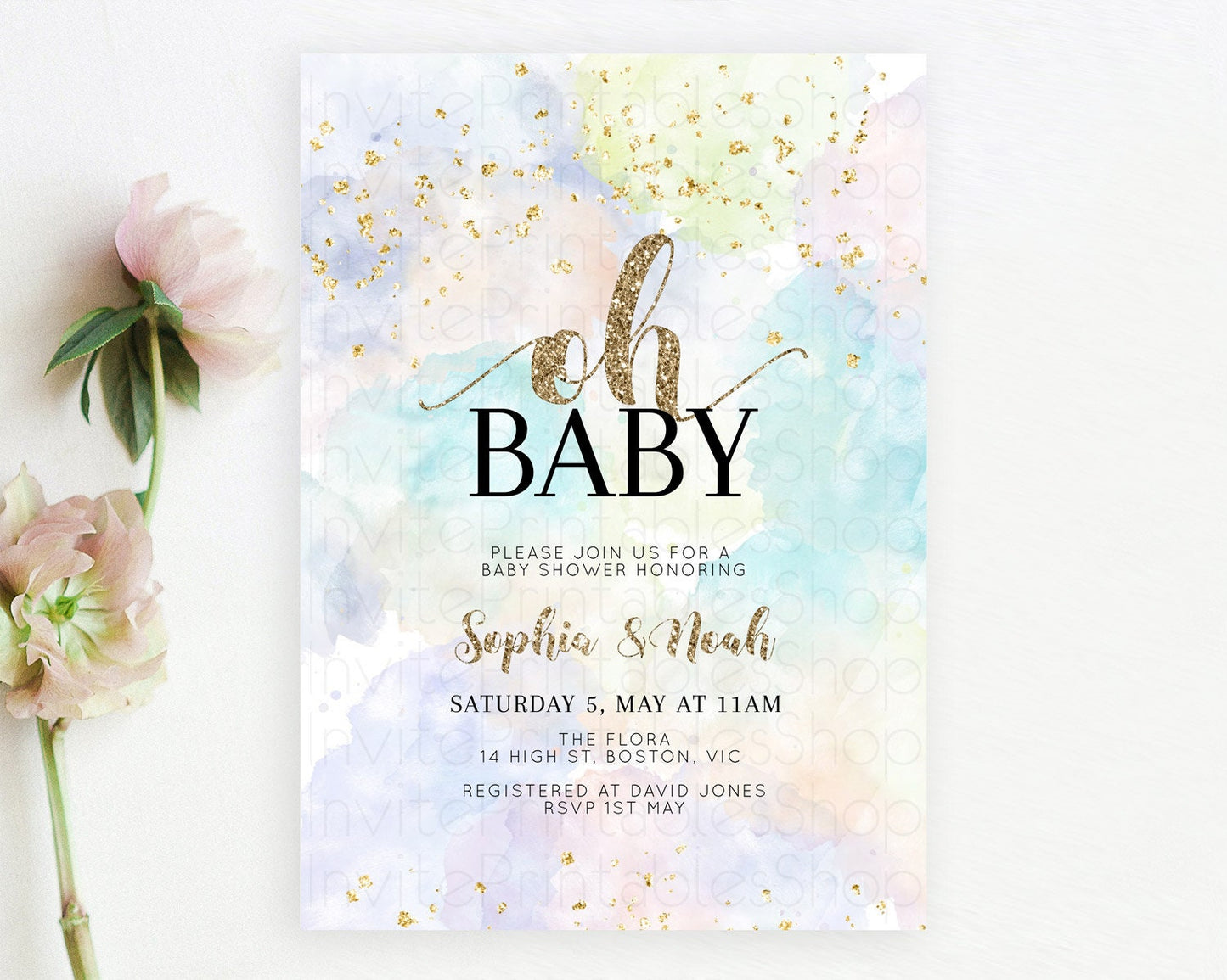 Pastel Baby Shower Invitation Rainbow Baby Shower Invitation Colorful Pastel Watercolor Invitation Gold Glitter Sprinkles Ombre D10614